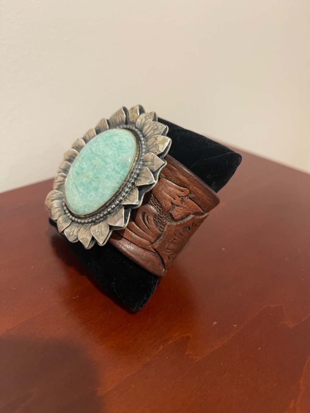 Amazonite, Sterling Silver &Vintage Tooled Leather Sunflower🌻Bracelet PRICE FIRM